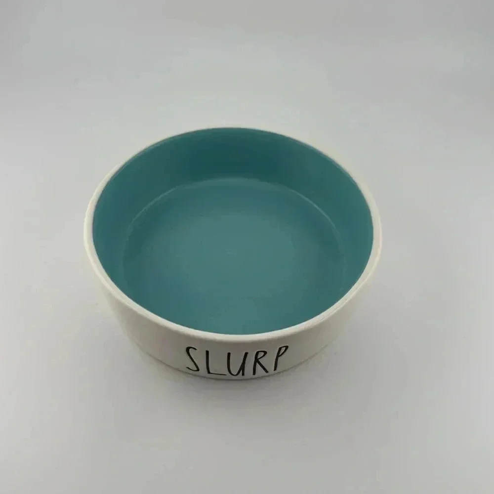 RAE DUNN pet/cat food bowl/water bowl blue ceramic dish “SLURP”